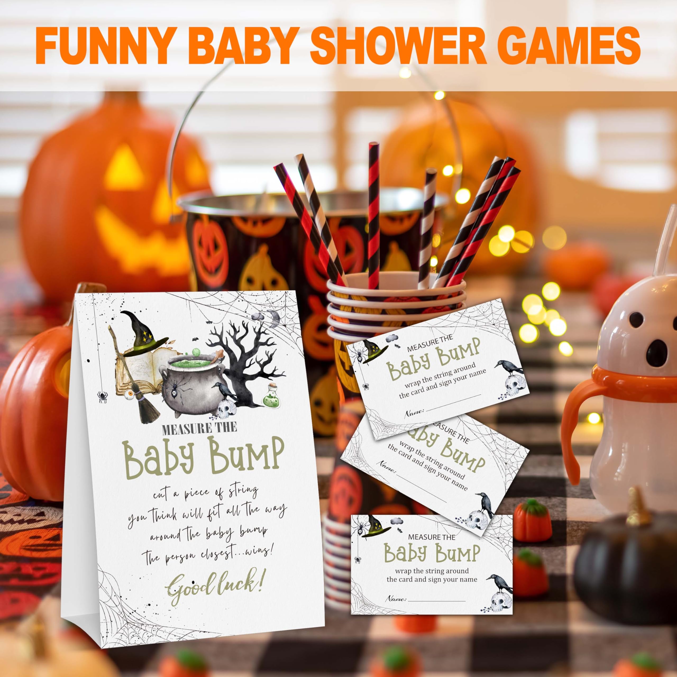 ZIIUFRN Baby Shower Game Card Set, Measure the Baby Bump Baby Shower Game, Halloween 1 Sign and 50 Cards, Minimalist Boy Girl Gender Neutral Baby Shower Supplies-A09