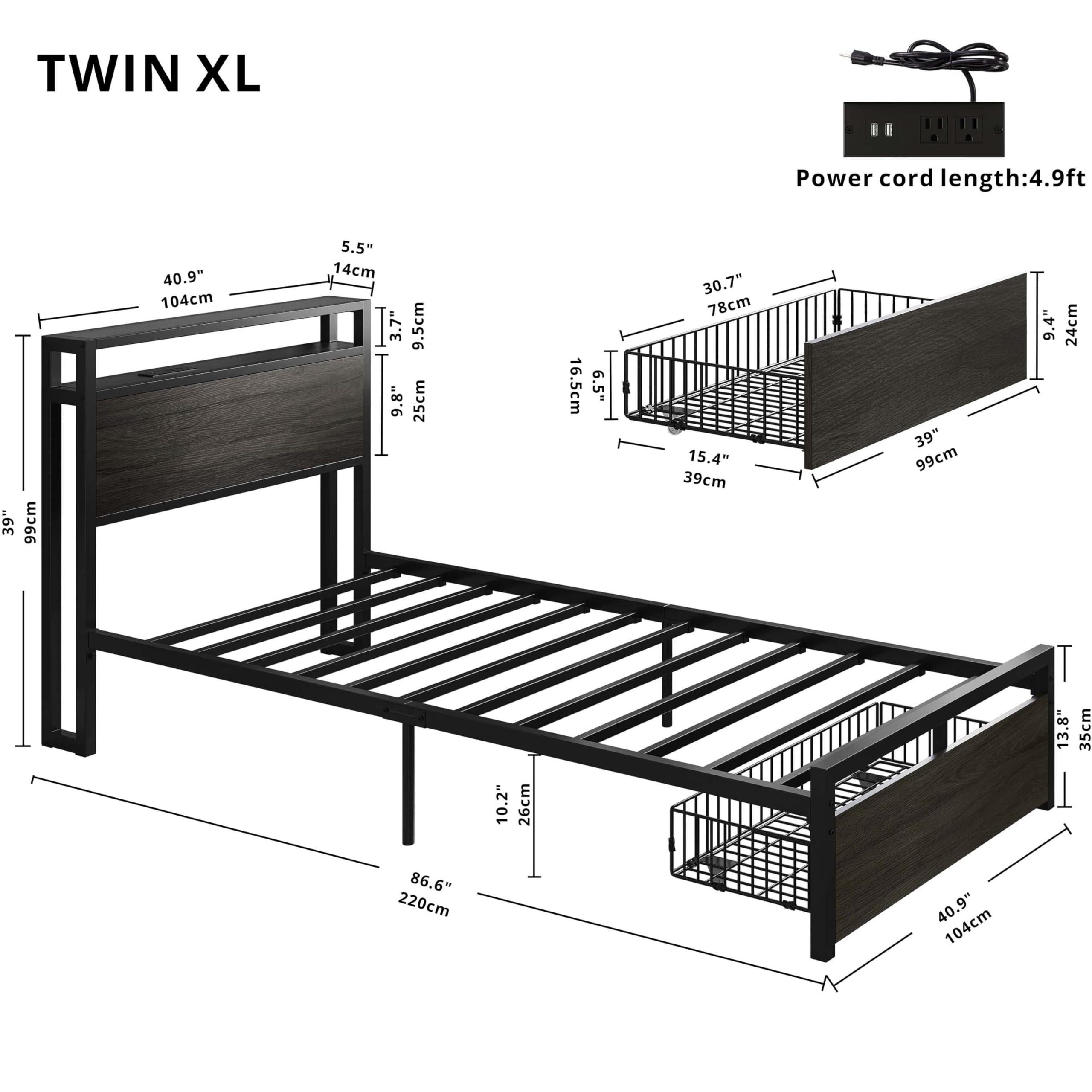 LIKIMIO Twin XL Bed Frames with Drawer, Storage Headboard with Outlets, No Box Spring Needed, Easy Assembly, Gray Black