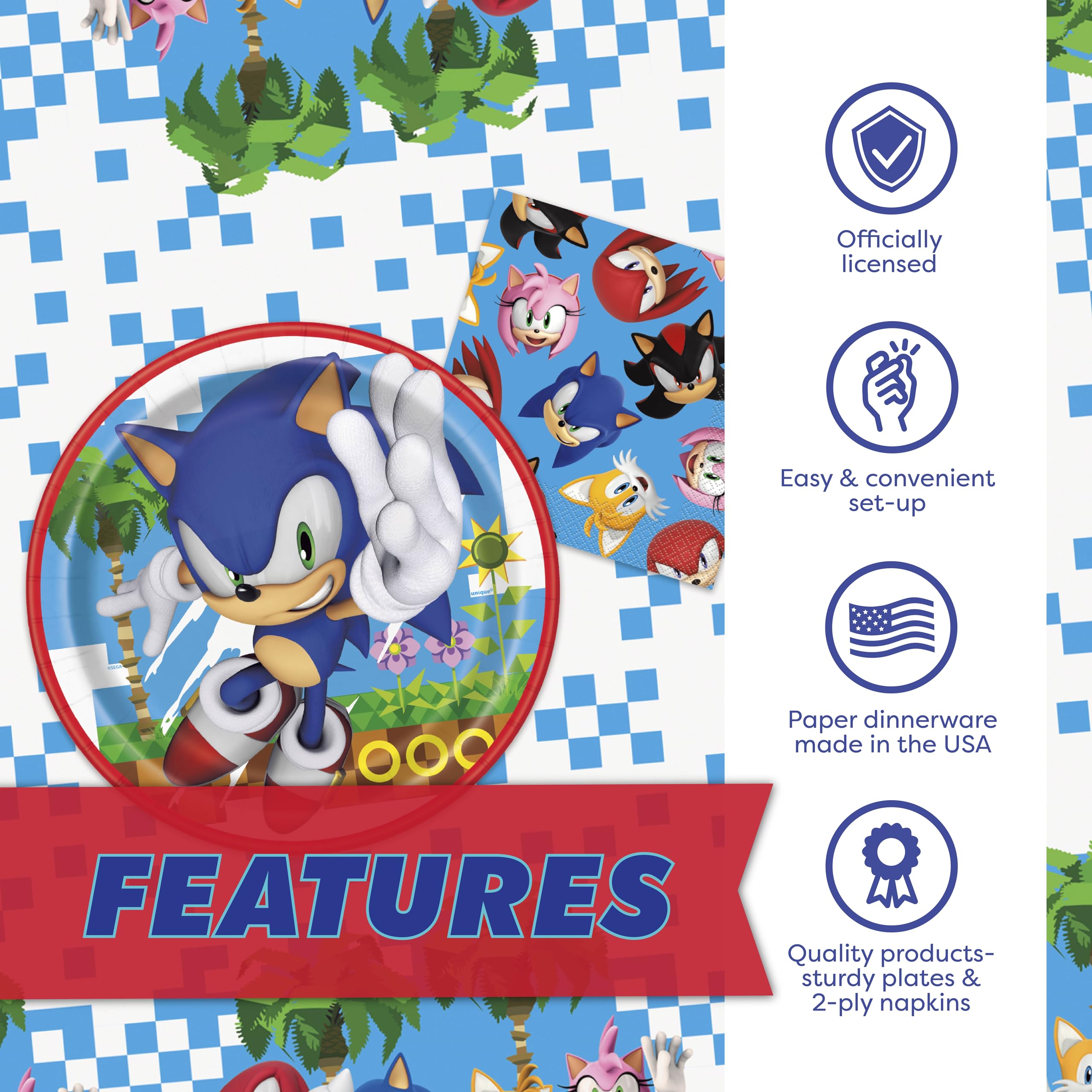 Sonic the Hedgehog Birthday Party Supplies, Plates, Napkins for 16, Table Cover | Sonic Birthday Party Decorations | Sonic Party Decorations | Officially Licensed