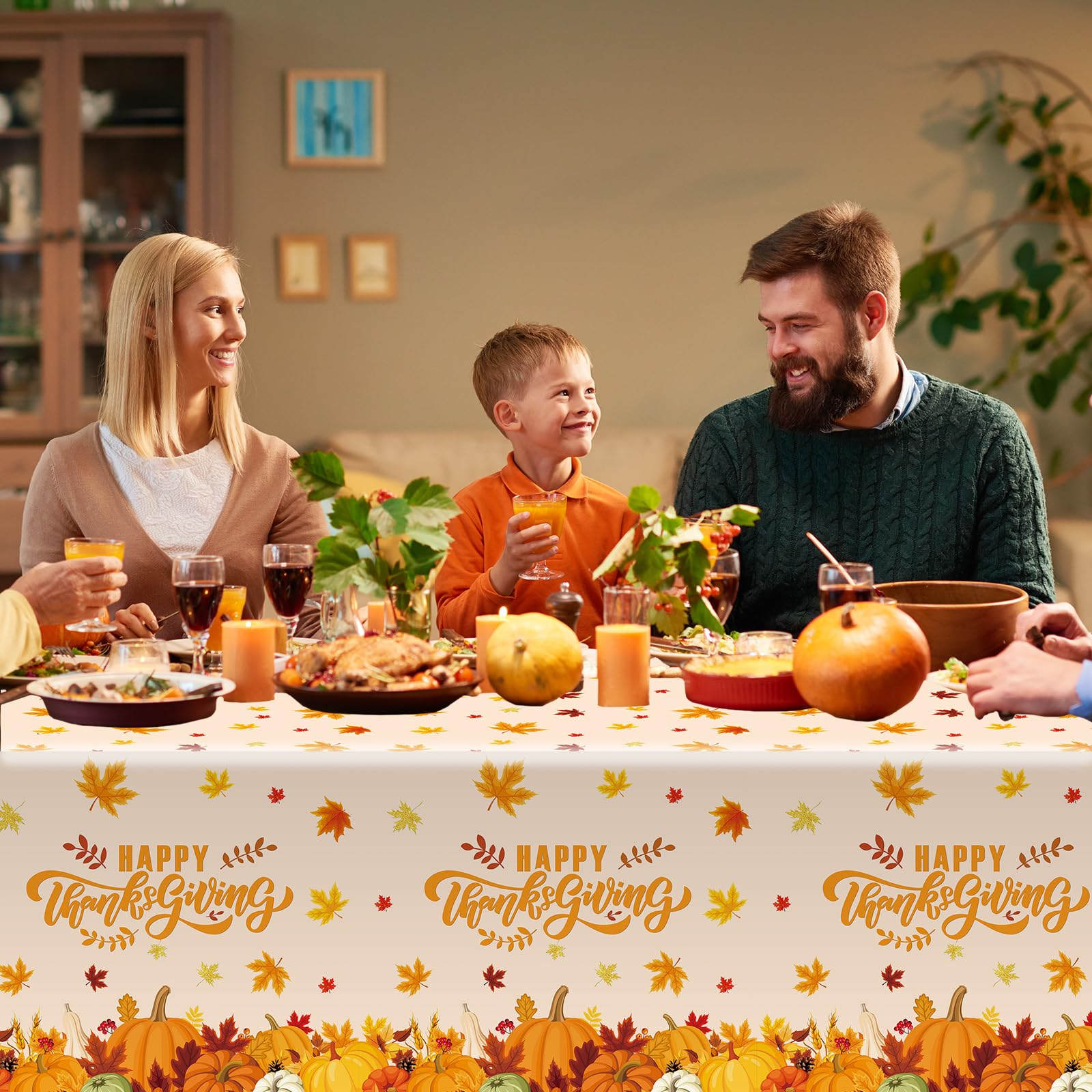 MEHOFOND 3 Pcs Happy Thanksgiving Disposable Tablecloth, Pumpkin Maple Leaves Fall Thanksgiving Party Decorations, Autumn Give Thanks Plastic Table Cover, Thanksgiving Dinner Party Supplies