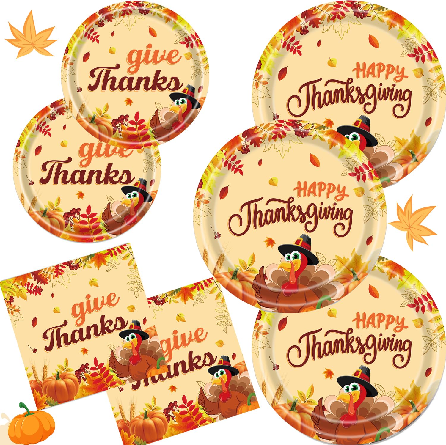 Thanksgiving Party Supplies Tableware Set, Fall Turkey Dinner Plates, Dessert Plates, Napkins for Happy Thanksgiving Party Decorations, Serve 16