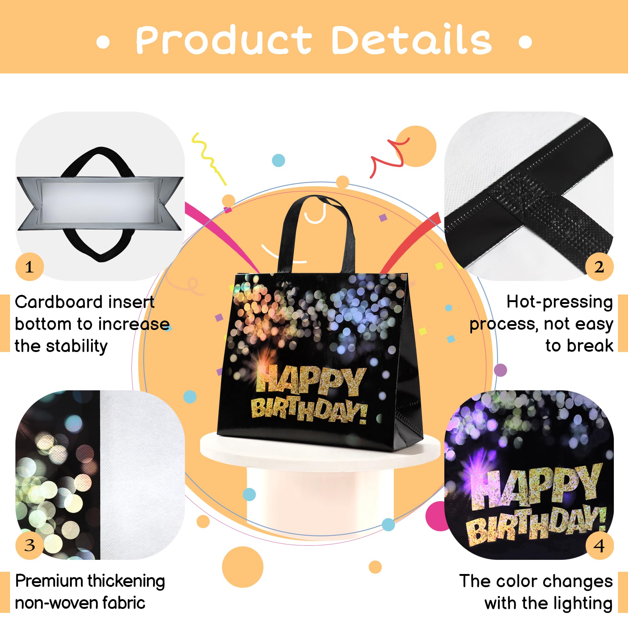 cabzymx 9 pcs Black Birthday Gift Bags with Bases, 12.8 x 4.7 x 11.8 In Large Happy Birthday Party Bags with Gold Shiny Polka Dot, Non-woven Reusable Gift Bags for Girls, Boys