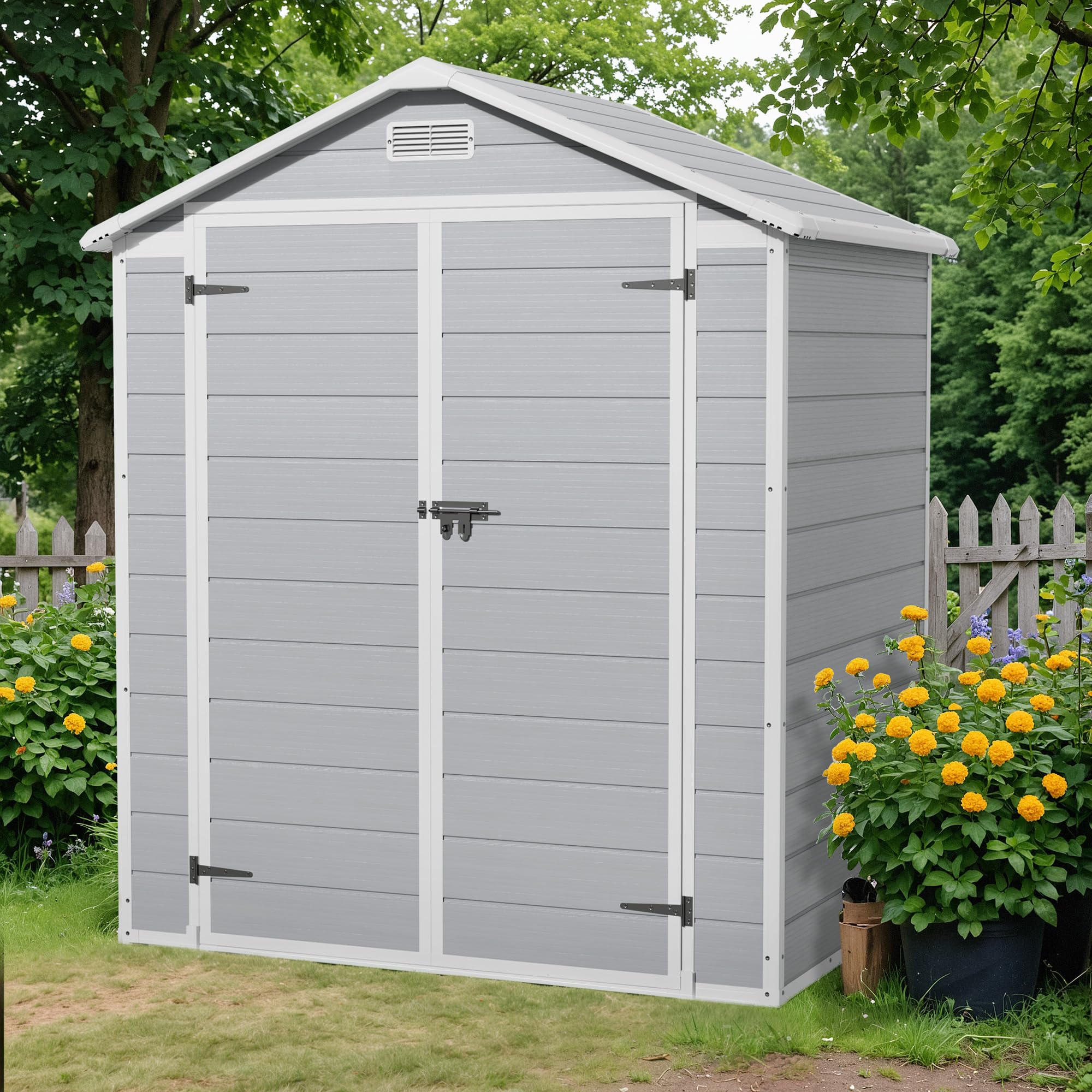 Flamaker 6 x 4 FT Outdoor Storage Shed, Garden Resin Shed with Floor, Plastic Tool Shed with Lockable Door for Backyard Patio Lawn Pool