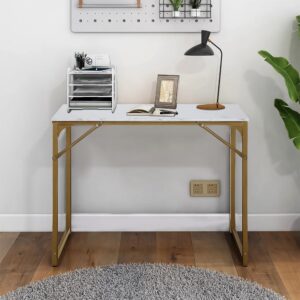 ckofgdsue 32 inch small computer desk for bedroom，sturdy wooden home office desk for small spaces，simple modern style tables with metal desk legs writing study table for adults&kids,white gold