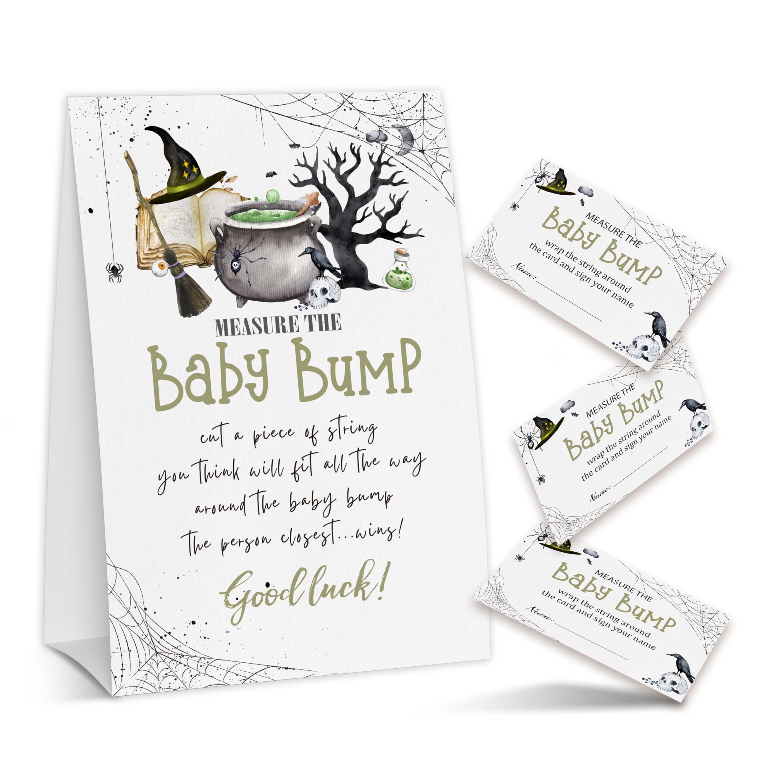 ZIIUFRN Baby Shower Game Card Set, Measure the Baby Bump Baby Shower Game, Halloween 1 Sign and 50 Cards, Minimalist Boy Girl Gender Neutral Baby Shower Supplies-A09