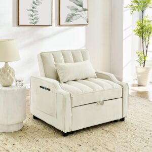 FUQIAOTEC Sleeper Sofa Chair Bed, Modern Velvet Pull Out Sofa Futon Chair Bed, Convertible Sofa Chair 3-in-1 with Adjustable Backrest and Pillow for Living Room, Small Space, White