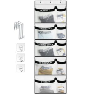 weekly kids clothes organizer day of week school, over the door clothing storage organizer from monday to friday, hanging closet organizer wtih 3 metal hooks and 3 adhesive hooks for nursery, bedroom