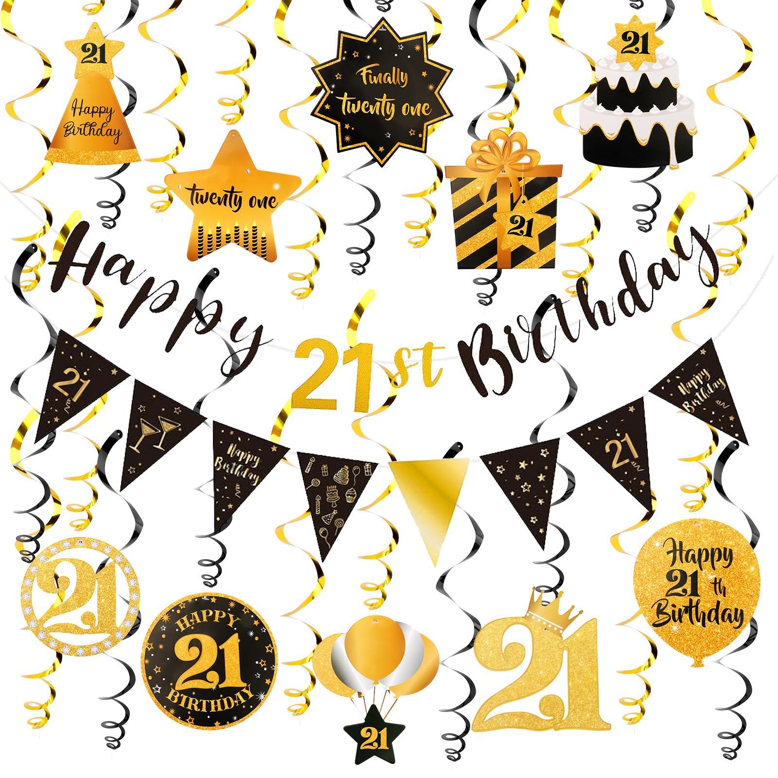 FASOTY 21st Birthday Decorations Black Gold Happy 21st Birthday Decorations For Him Pre-assembled 21st birthday banner Triangle Flag Banner and Glitter 21 Hanging Swirls 21st Birthday Party Decorations Set Birthday Party Decorations Supplies