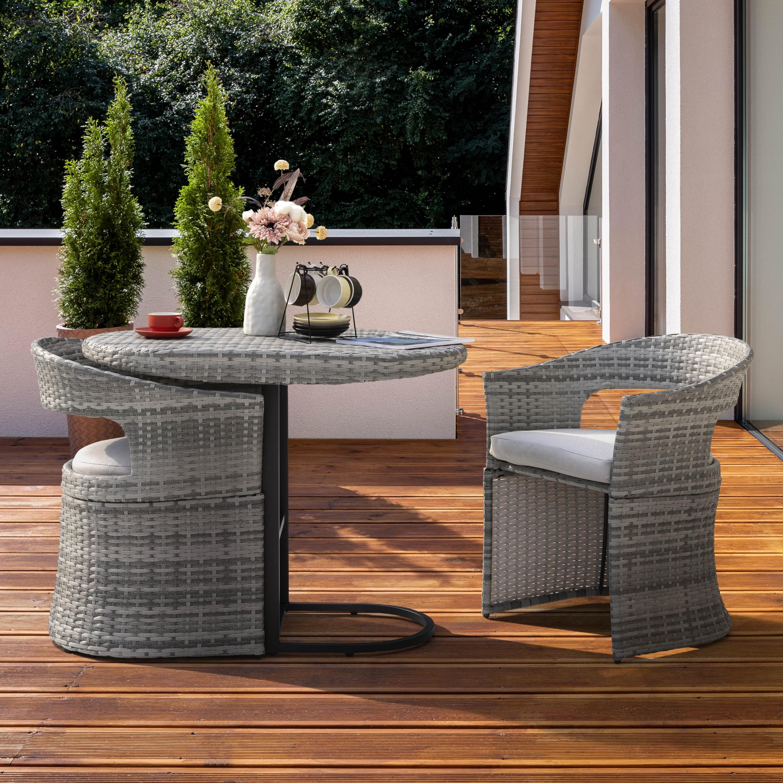 NUU GARDEN 3 Piece Outdoor Patio Bistro Set, Patio Furniture Set for 1 Iron Patio Table and 2 Dining Chairs, Balcony Furniture Patio Table and Chairs Set of 2 with Cushions, for Garden Yard, Gray