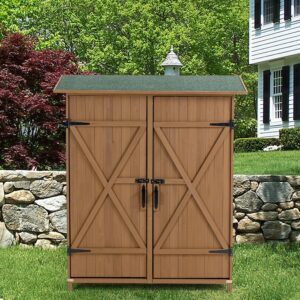 Outdoor Wooden Storage Shed with Lockable Door & Detachable Shelves, Pitch Roof, 56" L x 19.5" W x 64" H, Yellow Brown Finish, Weatherproof Garden Storage Solution