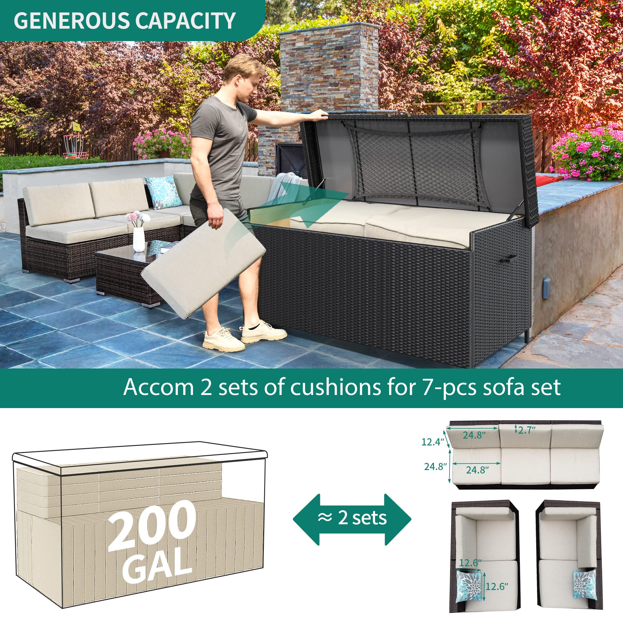 YITAHOME 200 Gallon Large Wicker Deck Box w/Storage Net, Rattan XL Outdoor Storage Box Patio Cushion Storage, Waterproof Storage Box for Patio Furniture, Garden Tools, Pool Sports Equipment (Black)