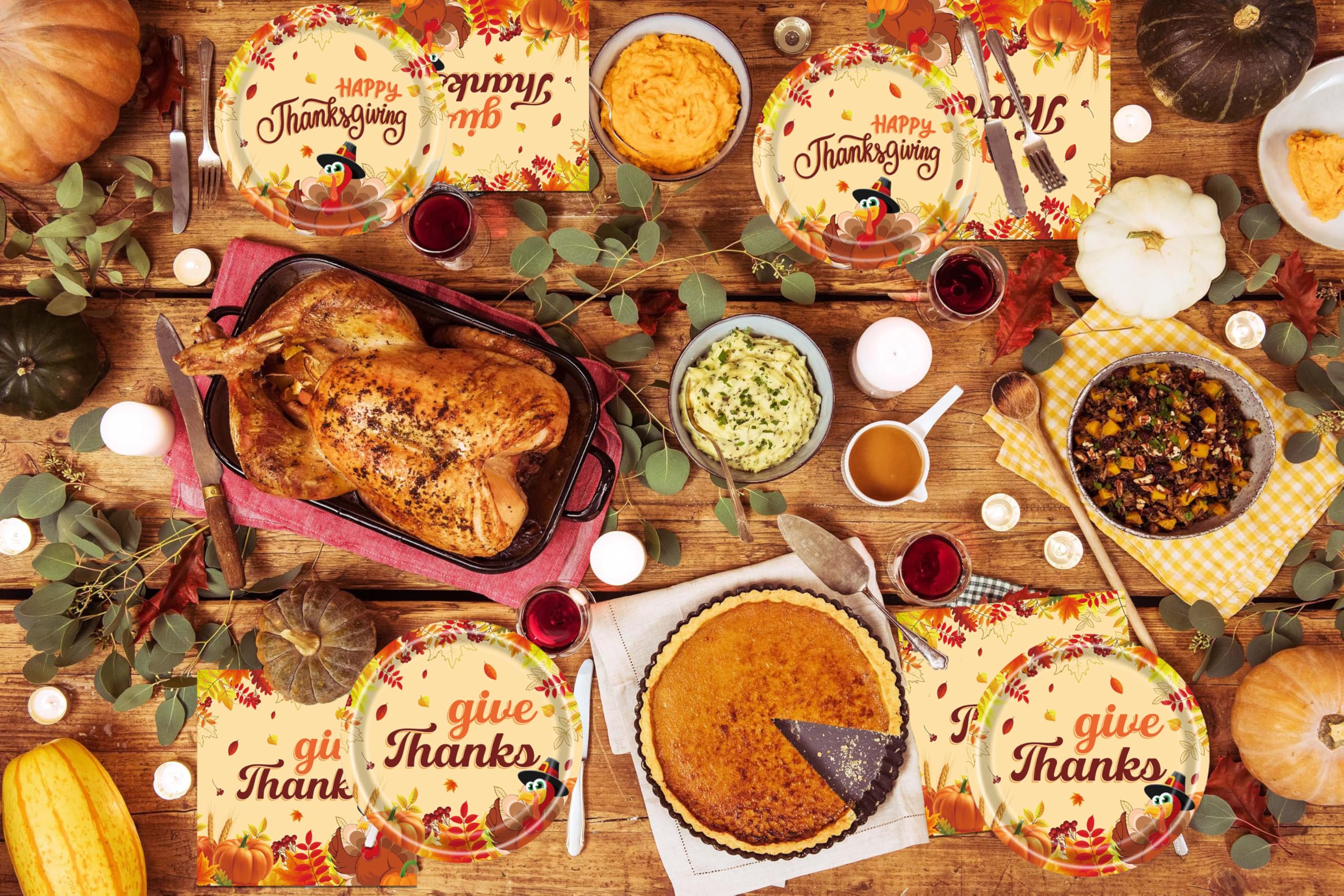 Thanksgiving Party Supplies Tableware Set, Fall Turkey Dinner Plates, Dessert Plates, Napkins for Happy Thanksgiving Party Decorations, Serve 16