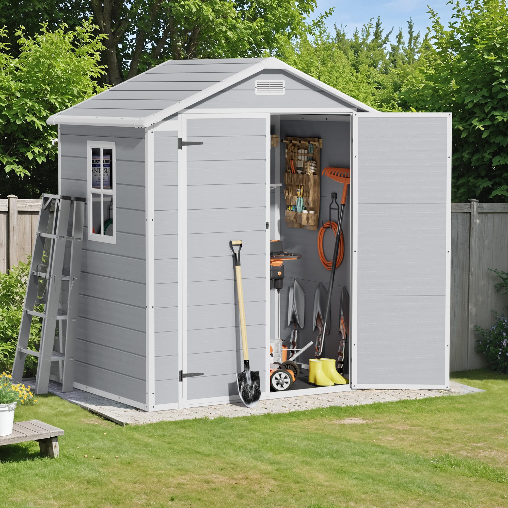 Flamaker 6 x 4 FT Outdoor Storage Shed, Garden Resin Shed with Floor, Plastic Tool Shed with Lockable Door for Backyard Patio Lawn Pool