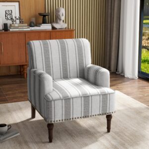 uixe stripe accent chair arm chair, modern nailhead trim club armchair with wood legs, comfy living room single sofa reading seat bedroom side seating for home office, gray