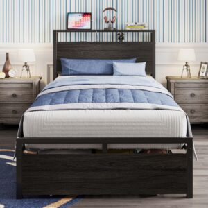 LIKIMIO Twin XL Bed Frames with Drawer, Storage Headboard with Outlets, No Box Spring Needed, Easy Assembly, Gray Black