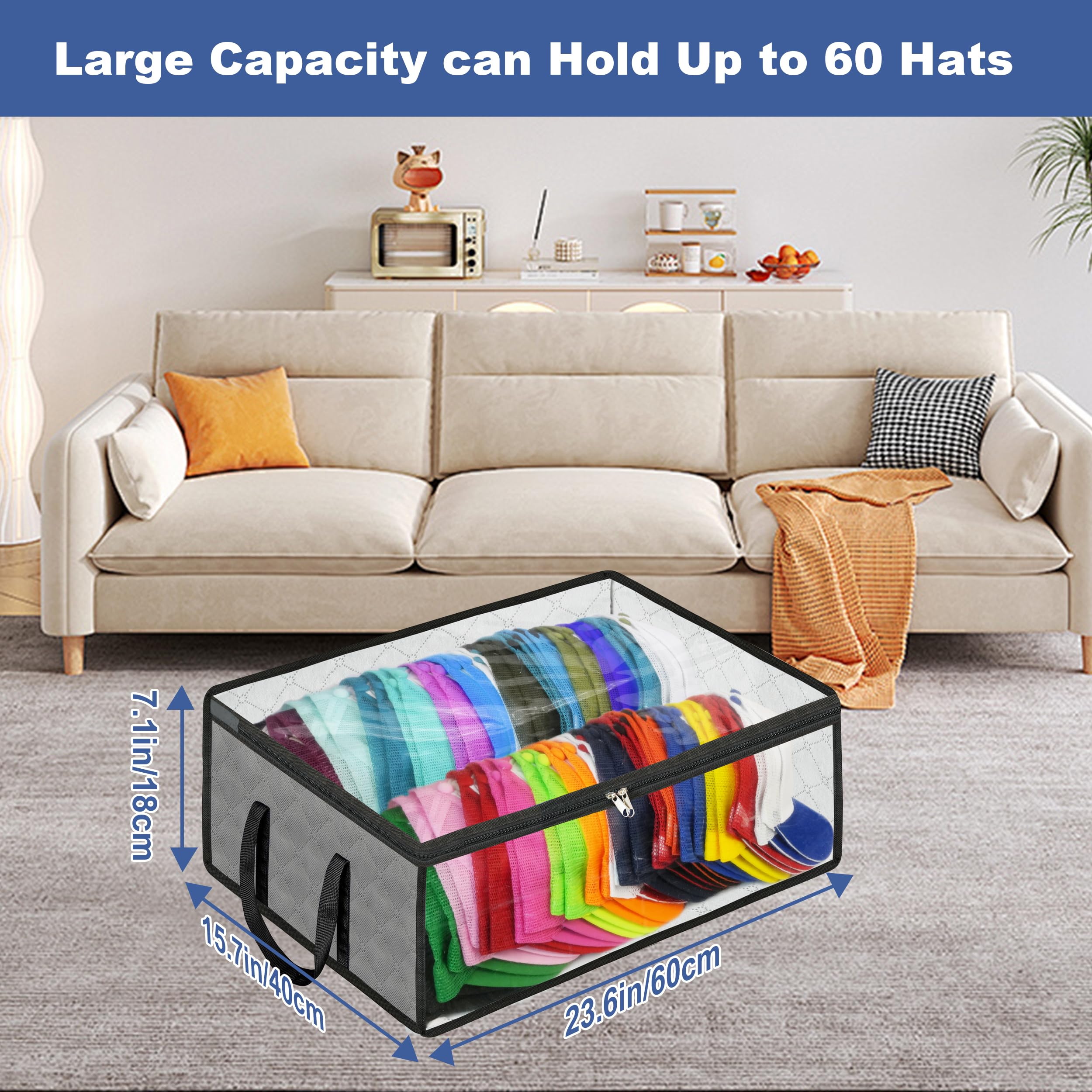 Hat Storage Organizer for Baseball Caps, Large Wide Hat Organizer Hat Rack Holder with Sturdy Handles and Zippers for Closet Holds up to 60 Hats, Under Bed Storage Bag 23.6"L x 15.7"W x 7.1"H (Grey)