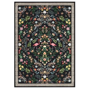 Area Rug Living Room Rugs: 5X7 Washable Large Floral Low Pile Rug Non Slip Backing Indoor Floor Throw Carpet for Bedroom Kitchen Dining Room Playroom Office, Black