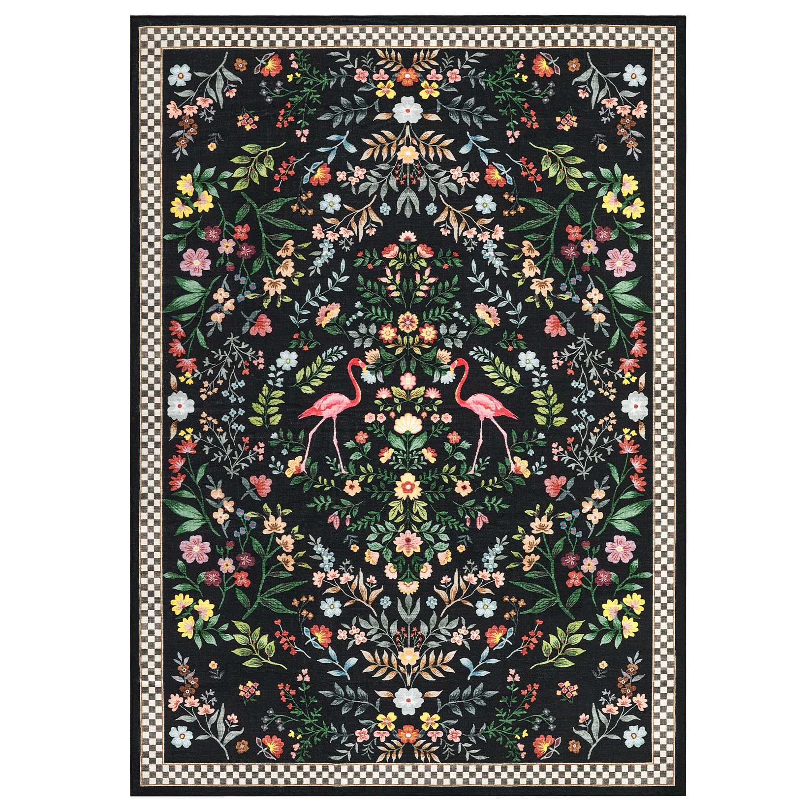 Area Rug Living Room Rugs: 5X7 Washable Large Floral Low Pile Rug Non Slip Backing Indoor Floor Throw Carpet for Bedroom Kitchen Dining Room Playroom Office, Black