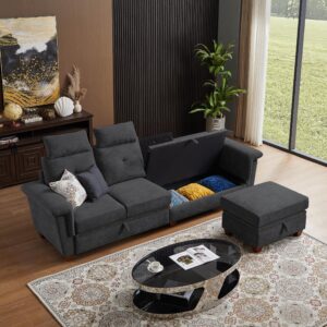 convertible sectional sofa with storage, 4 seat l shaped couch high head with ottoman and cup holder, modern microfiber fabric sofas couches for living room, dark grey