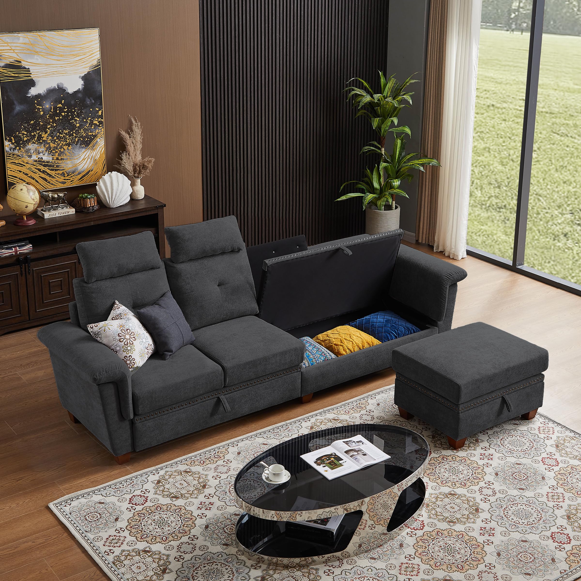 Convertible Sectional Sofa with Storage, 4 Seat L Shaped Couch High Head with Ottoman and Cup Holder, Modern Microfiber Fabric Sofas Couches for Living Room, Dark Grey