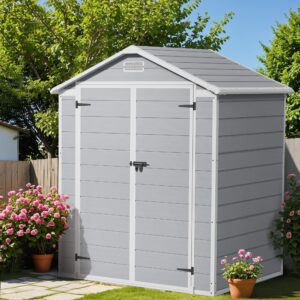 Flamaker 6 x 4 FT Outdoor Storage Shed, Garden Resin Shed with Floor, Plastic Tool Shed with Lockable Door for Backyard Patio Lawn Pool