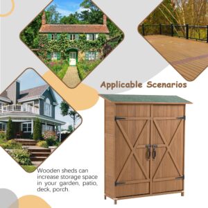 Outdoor Wooden Storage Shed with Lockable Door & Detachable Shelves, Pitch Roof, 56" L x 19.5" W x 64" H, Yellow Brown Finish, Weatherproof Garden Storage Solution