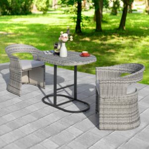 NUU GARDEN 3 Piece Outdoor Patio Bistro Set, Patio Furniture Set for 1 Iron Patio Table and 2 Dining Chairs, Balcony Furniture Patio Table and Chairs Set of 2 with Cushions, for Garden Yard, Gray