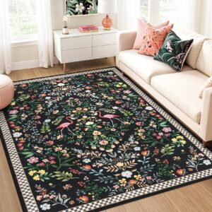 area rug living room rugs: 5x7 washable large floral low pile rug non slip backing indoor floor throw carpet for bedroom kitchen dining room playroom office, black