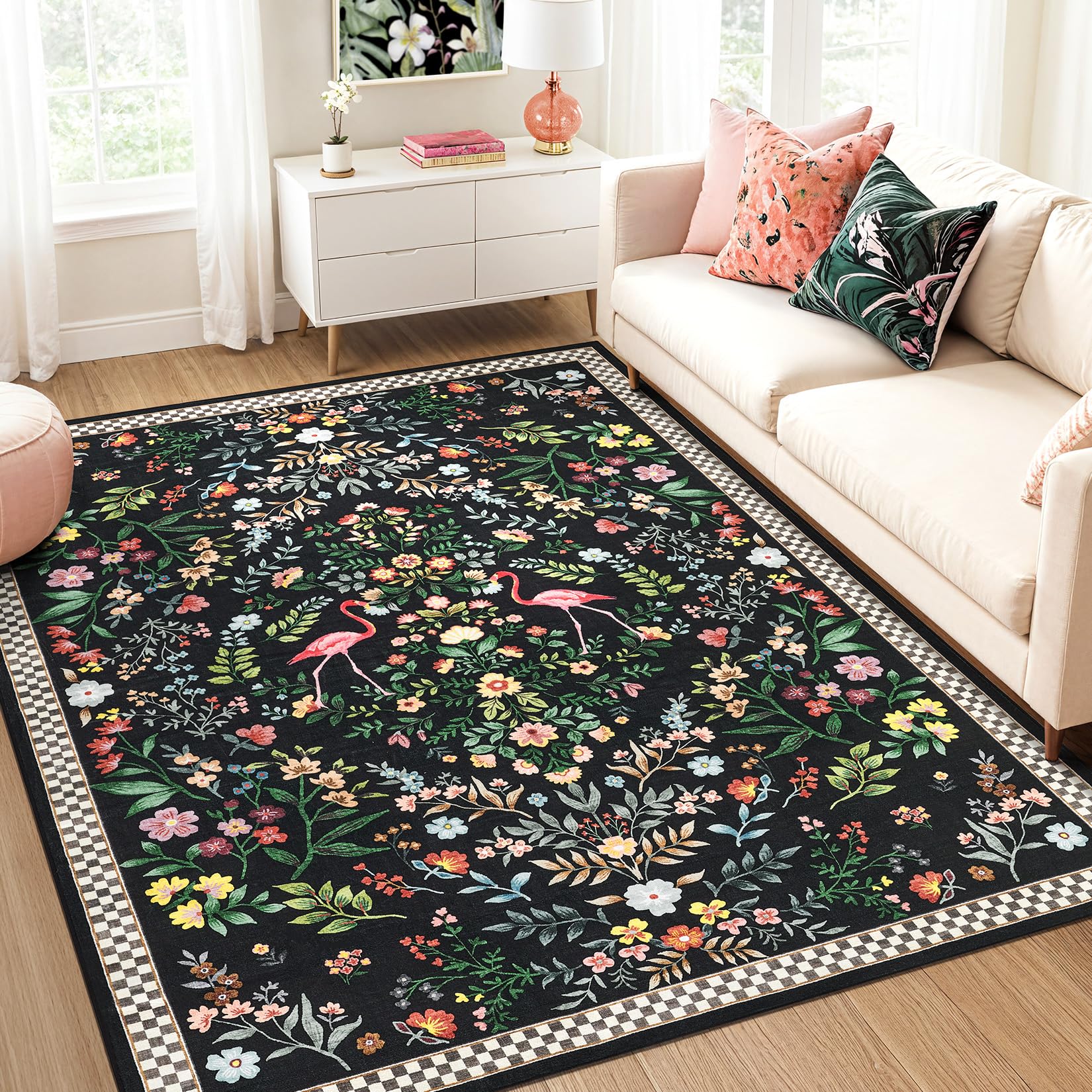 Area Rug Living Room Rugs: 5X7 Washable Large Floral Low Pile Rug Non Slip Backing Indoor Floor Throw Carpet for Bedroom Kitchen Dining Room Playroom Office, Black