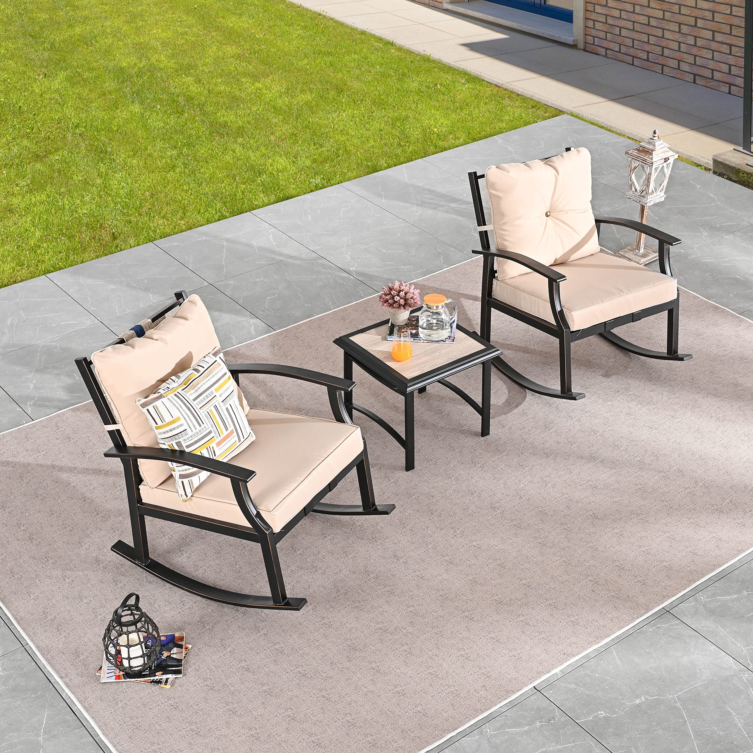 LOKATSE HOME 3 PCS Patio Bistro Furniture Outdoor Wicker Rocking Chairs Sets Armchairs with Cushion and Metal Coffee Table for Backyard Deck Lawn Garden, Khaki