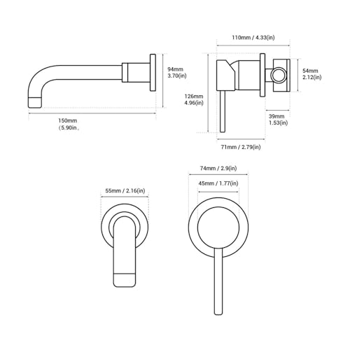 Bathroom Sink Faucet Hot and Cold Swivel Nozzle Wall Mounted Bathtub 150MM(Black)