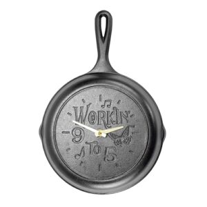 lodge 9 inch skillet clock inspired by dolly parton hit song 9 to 5" - for decorative use only - hand wash, collector's piece, 1 aa battery required (not included).