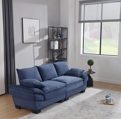 Modern Loveseat Couch Sofa,89'' Corduroy Upholstered 2-Seat Sofa, Sectional Love Seat Furniture with 2 Pillows with Movable Armrest, Deep Couches for Living Room,Navy Blue