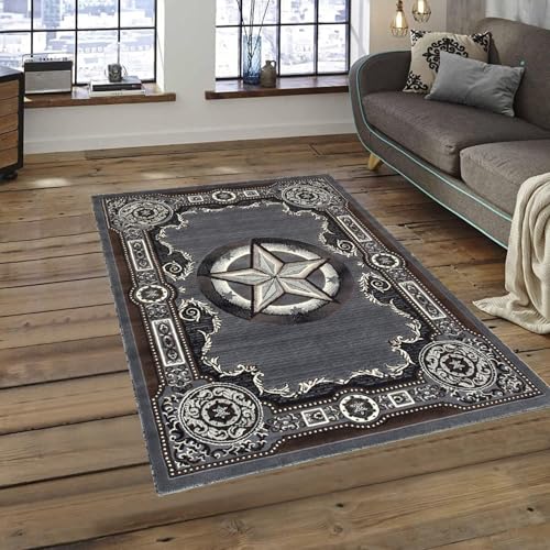 champion rugs Premium 3D Effect Hand Carved Thick Modern Cowboy Lodge Texas Star Grey Traditional Area Rug (5' 3" X 7' 5")