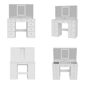 ROMSHINE White Vanity Desk with Trifold Mirrors & LED Light, Large Makeup Vanity with Glass Top, 9 Drawers & Shelves, Modern Vanity Desk with Mirrored Doors in 3 Colors, Thickened Tabletop, White