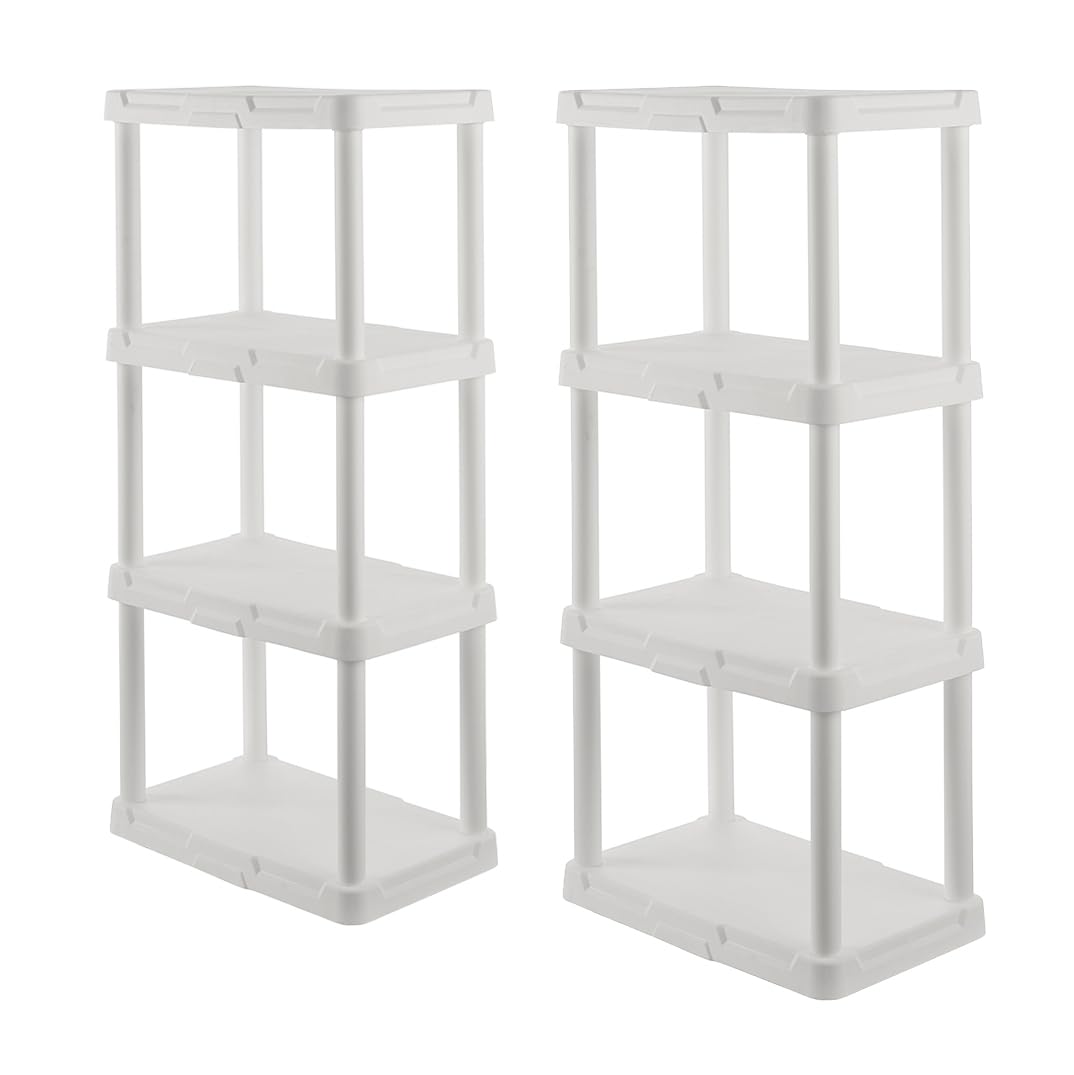 BLACK & YELLOW, 4-Tier Light-Use Plastic Storage Shelving Unit (White), 50lbs per Shelf Capacity (47”H x 22.1”W x 14.3”D), for Indoor Storage and Organization [2-Pack]