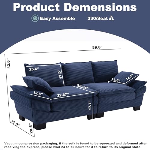 Modern Loveseat Couch Sofa,89'' Corduroy Upholstered 2-Seat Sofa, Sectional Love Seat Furniture with 2 Pillows with Movable Armrest, Deep Couches for Living Room,Navy Blue