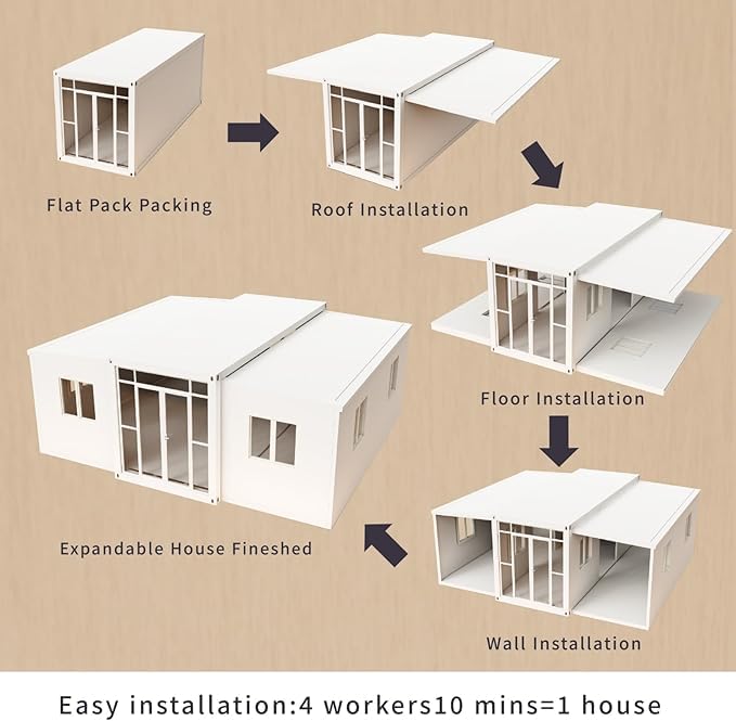 Portable Prefab House to Live in,19x20ft Expandable Tiny Container House with 2 Bedroom,1 Bathroom,1 Kitchen and 1 Living Room,Steel Frame Prefabricated Mobile Tiny Home for Hotel,Villa,Office