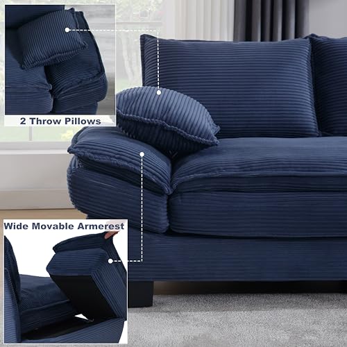 Modern Loveseat Couch Sofa,89'' Corduroy Upholstered 2-Seat Sofa, Sectional Love Seat Furniture with 2 Pillows with Movable Armrest, Deep Couches for Living Room,Navy Blue