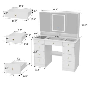 ROMSHINE White Vanity Desk with Trifold Mirrors & LED Light, Large Makeup Vanity with Glass Top, 9 Drawers & Shelves, Modern Vanity Desk with Mirrored Doors in 3 Colors, Thickened Tabletop, White