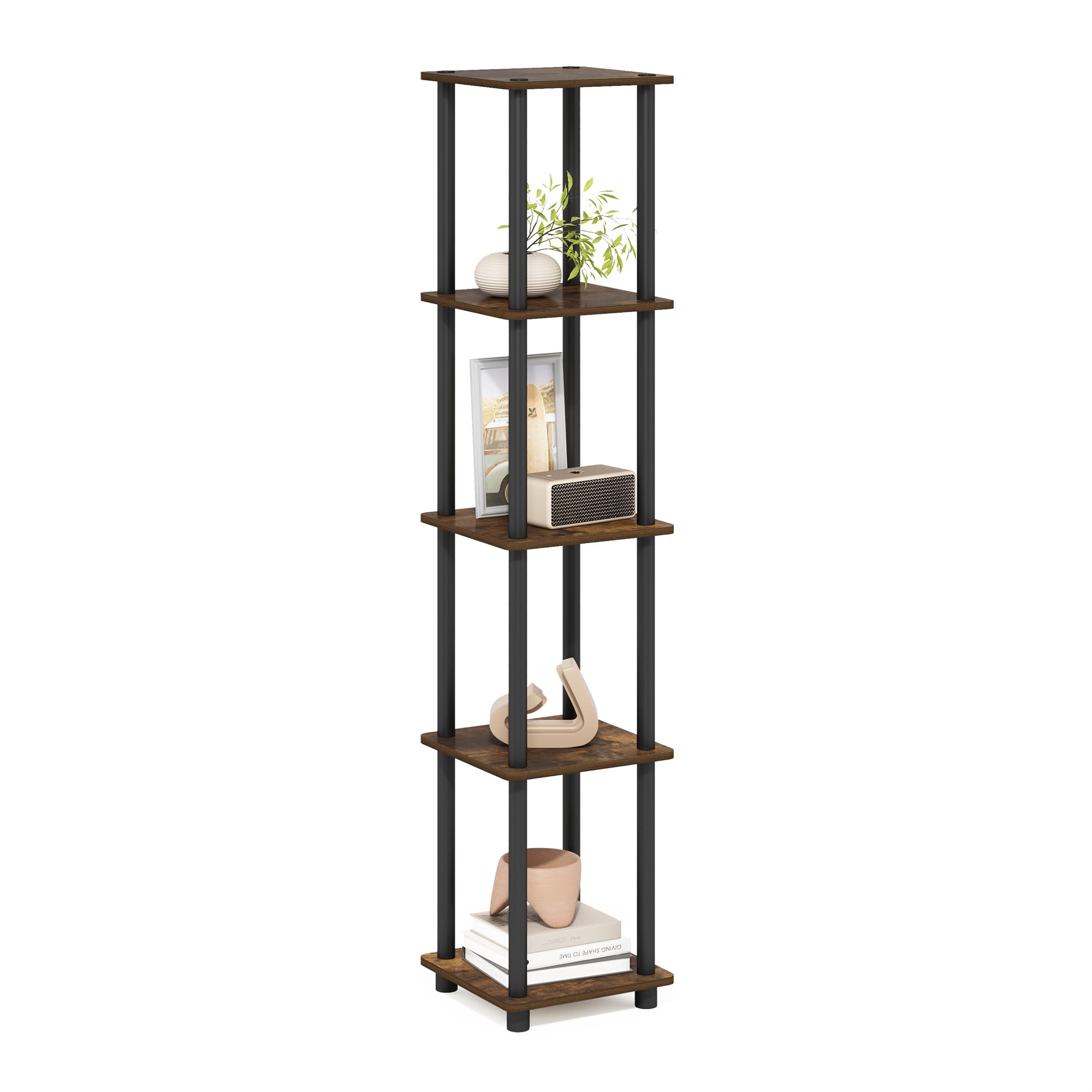 Furinno Turn-N-Tube 5-Tier Corner Square Rack Display Shelf, Amber Pine/Black