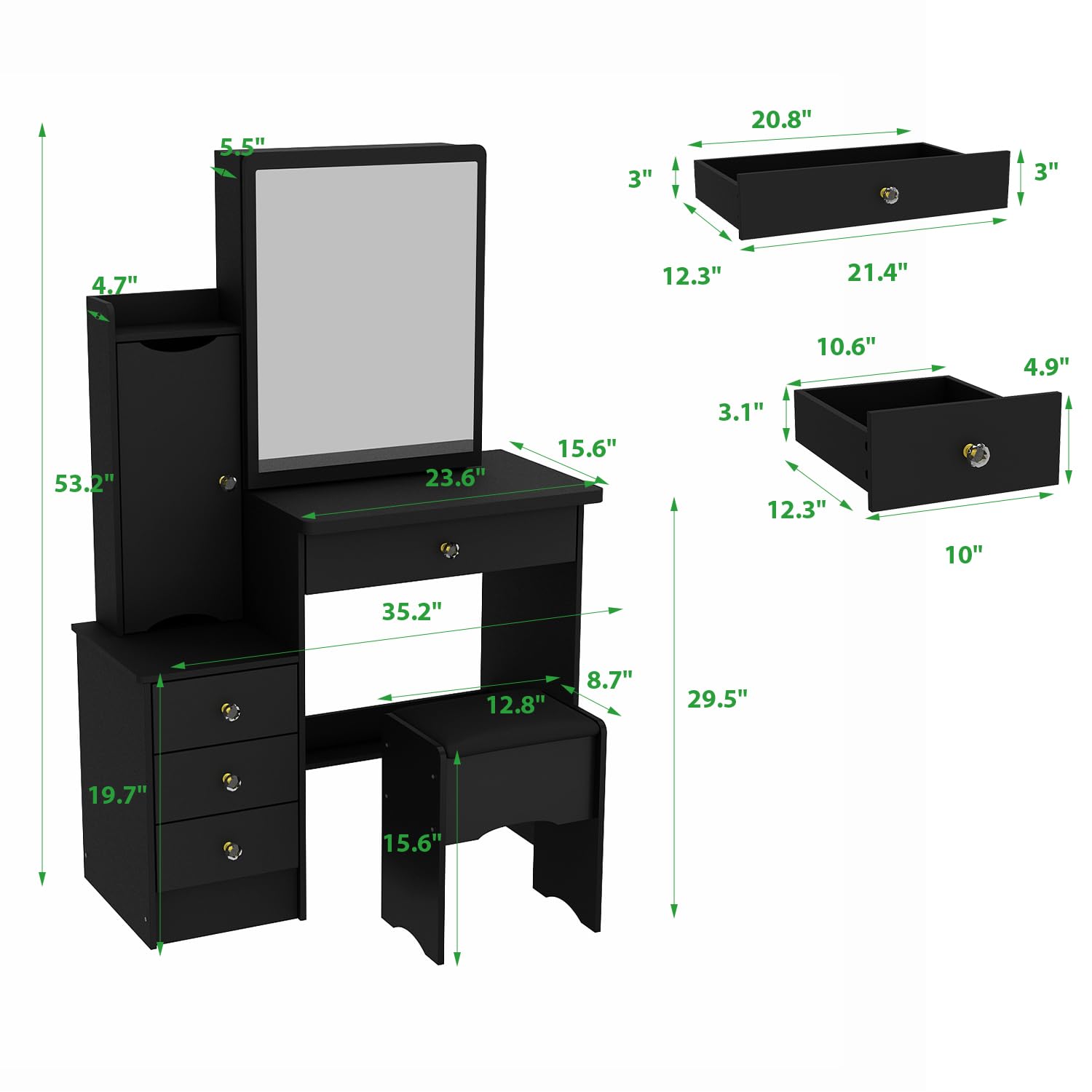 ROMSHINE Small Vanity Desk with Mirror, Makeup Vanity with Shelves & 4 Drawers, Vanity Table Set for Bedroom, Sliding Mirror, Cushioned Stool, Space-Saving, Black, 35.2”W x 15.7”D x 52.4”H