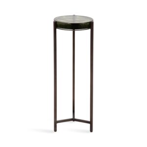 kate and laurel aguilar modern drink table, 9 x 9 x 23, sage green glass and bronze, unique round glass mini table for use as bathroom accent table or pedestal martini table