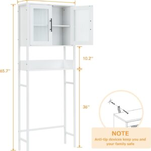 coucheta Over The Toilet Storage Cabinet with Glass Doors, Bathroom Above Toilet Storage Cabinet with Adjustable Shelves, Large Capacity Bathroom Organizer, White