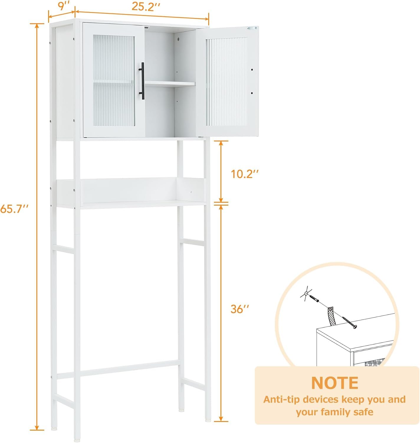 coucheta Over The Toilet Storage Cabinet with Glass Doors, Bathroom Above Toilet Storage Cabinet with Adjustable Shelves, Large Capacity Bathroom Organizer, White