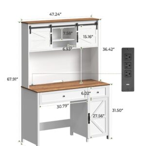 Tatub 47" Farmhouse Desk with Drawers & Power Outlet, White Executive Desk with Storage & Sliding Door Lockers, Computer Desk with Hutch and Drawers, Rustic Brown