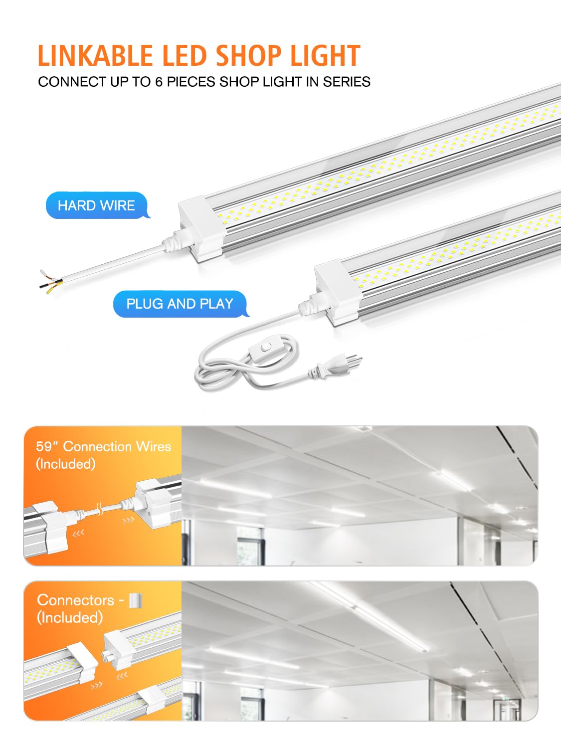 ONLYLUX 8 Pack 4FT Linkable LED Shop Light for Garage, Workshops, 6500K Cool Daylight 50W (300w Equivalent), Plug and Play, Hanging or Surface Mount, with Power Cord and On/Off Switch, ETL Certified