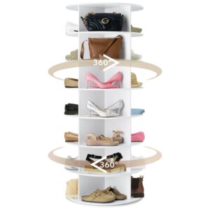 rotating shoe rack tower, 7-tier spinning shoe rack，360 rotating shelf shoe carousel closet organizer, lazy susan shoe cabinet for entryway hallway, modernas zapatero giratorio, white