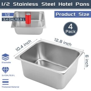 NDSWKR 4 Pack 1/2 Size Half Size Hotel Pans, 6 Inch Deep Stainless Steel Steam Table Pans, Commercial Chafing Pan for Hotel, Party, Buffet, Restaurant Food, Catering Supplies