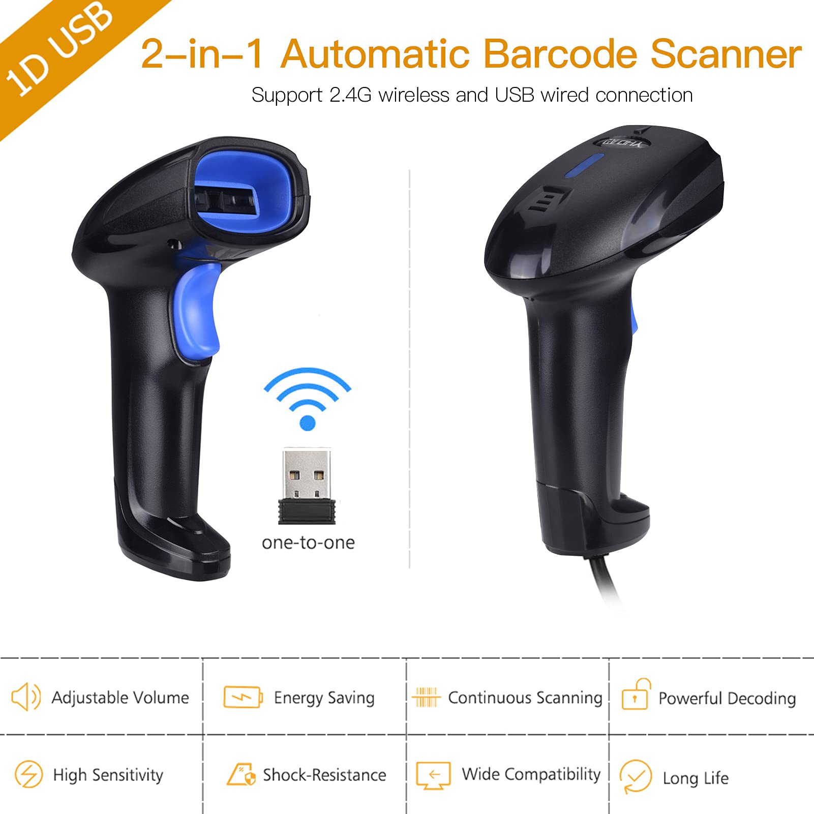 SHUAIGUO 2-in-1 2.4G Wireless Barcode Scanner & USB Wired Barcode Scanner Automatic Handheld 1D Bar Code Scanner Reader with Rechargeable Battery Mini USB Receiver USB Cable for Computer Laptop